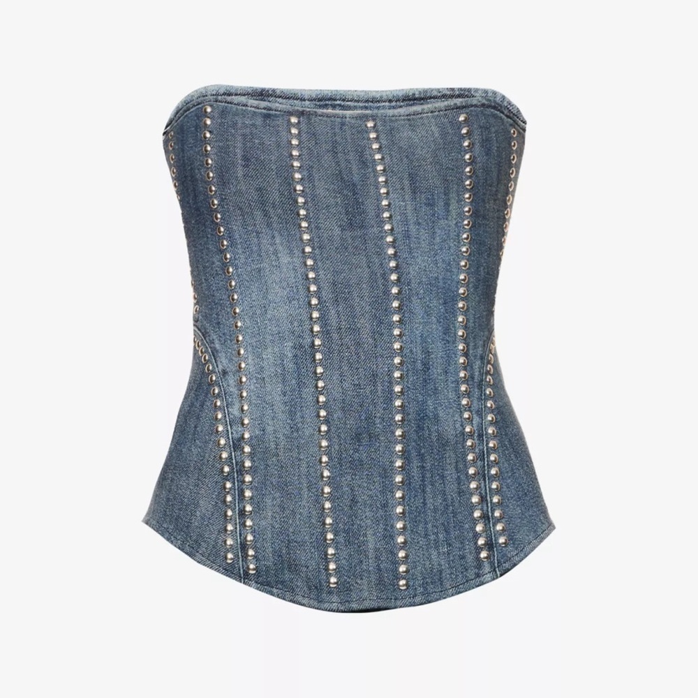 NWT Miaou Libra Stud Denim Jean Cotton Strapless Corset Bustier Top Duran Silver